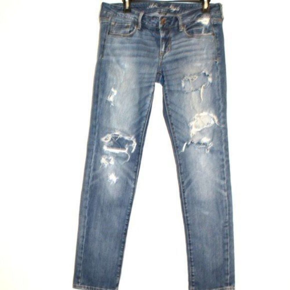 American Eagle Womens distressed stretch skinny denim blue jeans 8R pockets logo